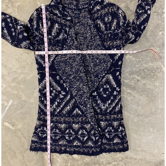 Lucky Brand XS Cardigan Sweater Navy Cream Aztec Open Drape Front Long Sleeve - Picture 5 of 14